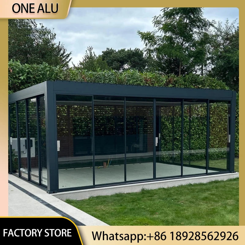 Luxury Aluminum Louvered Gazebo With Glass Enclosure And LED Lights