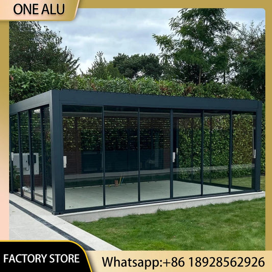 Luxury Aluminum Louvered Gazebo With Glass Enclosure And LED Lights
