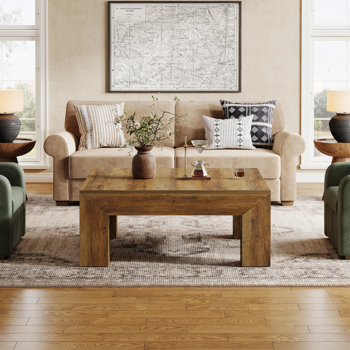 Tribesigns Farmhouse Square Coffee Table Wooden Legs For Living Room