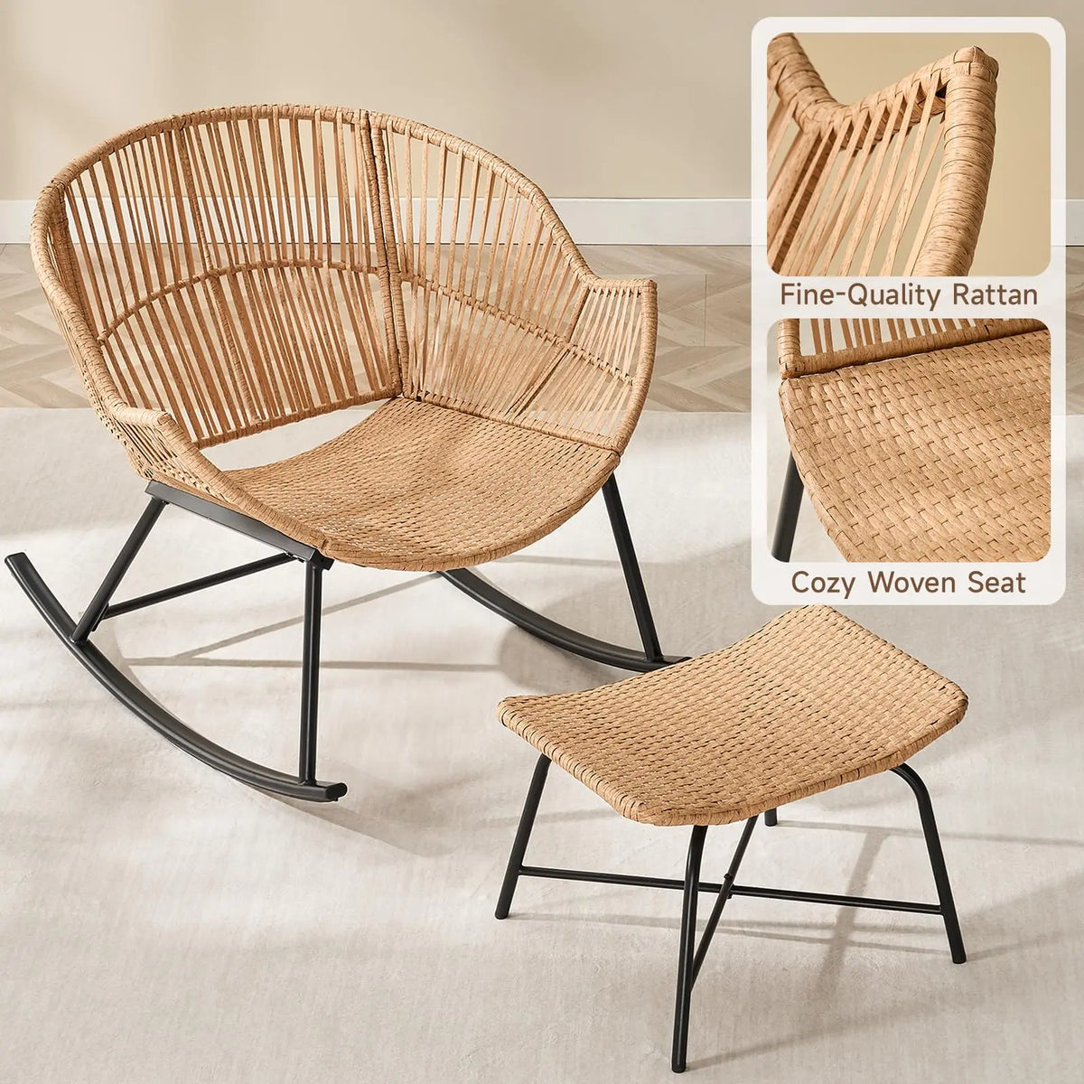 ONBRILL Papasan Rocking Chair With Ottoman Wicker Outdoor Lounge