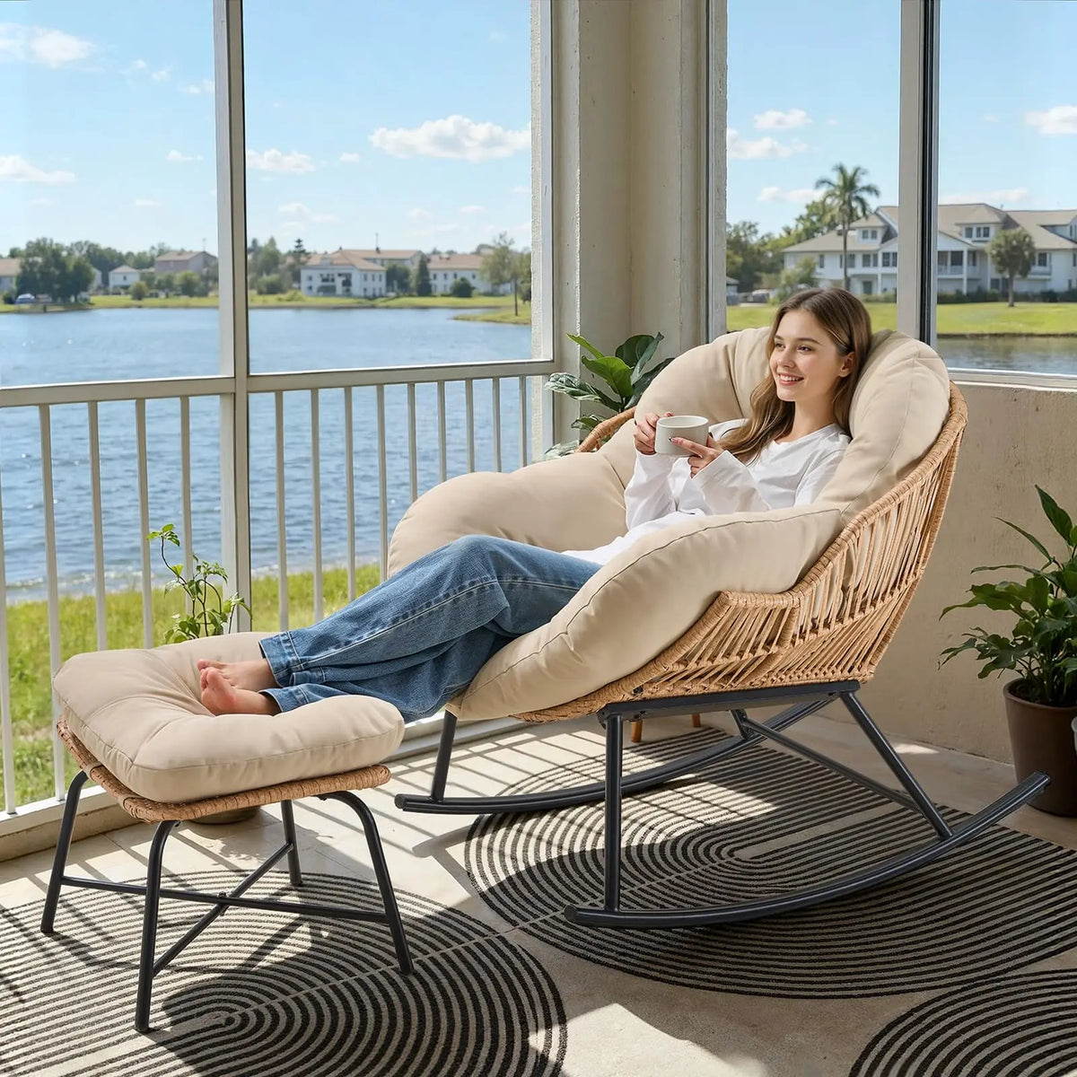 ONBRILL Papasan Rocking Chair With Ottoman Wicker Outdoor Lounge