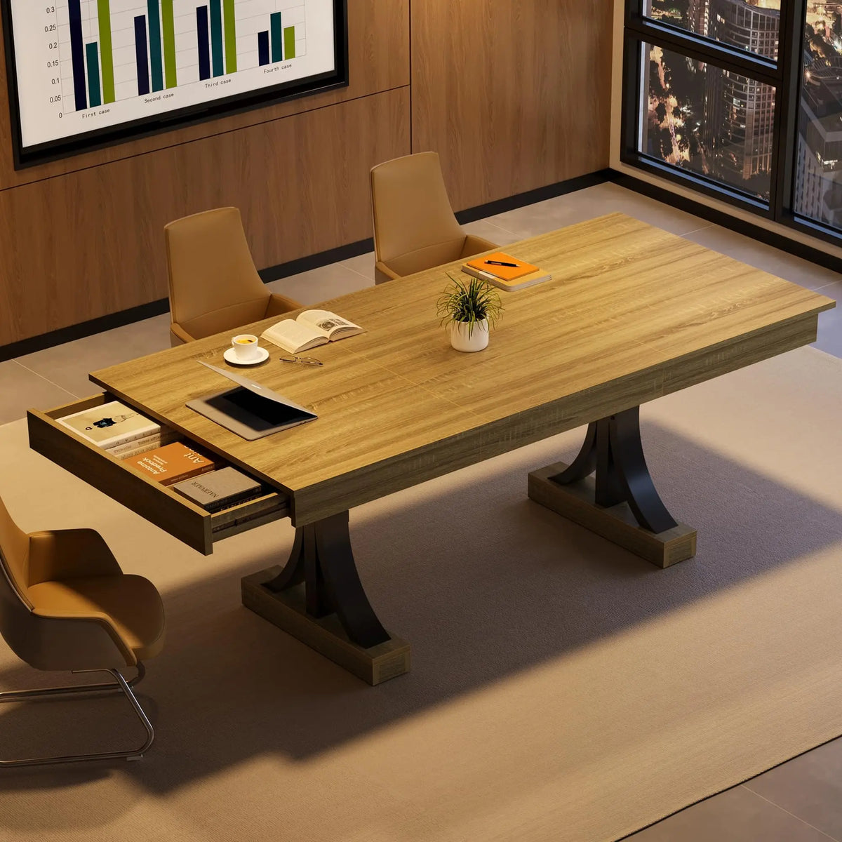HiMISS Modern Dining Table With Storage Drawers And Metal Frame