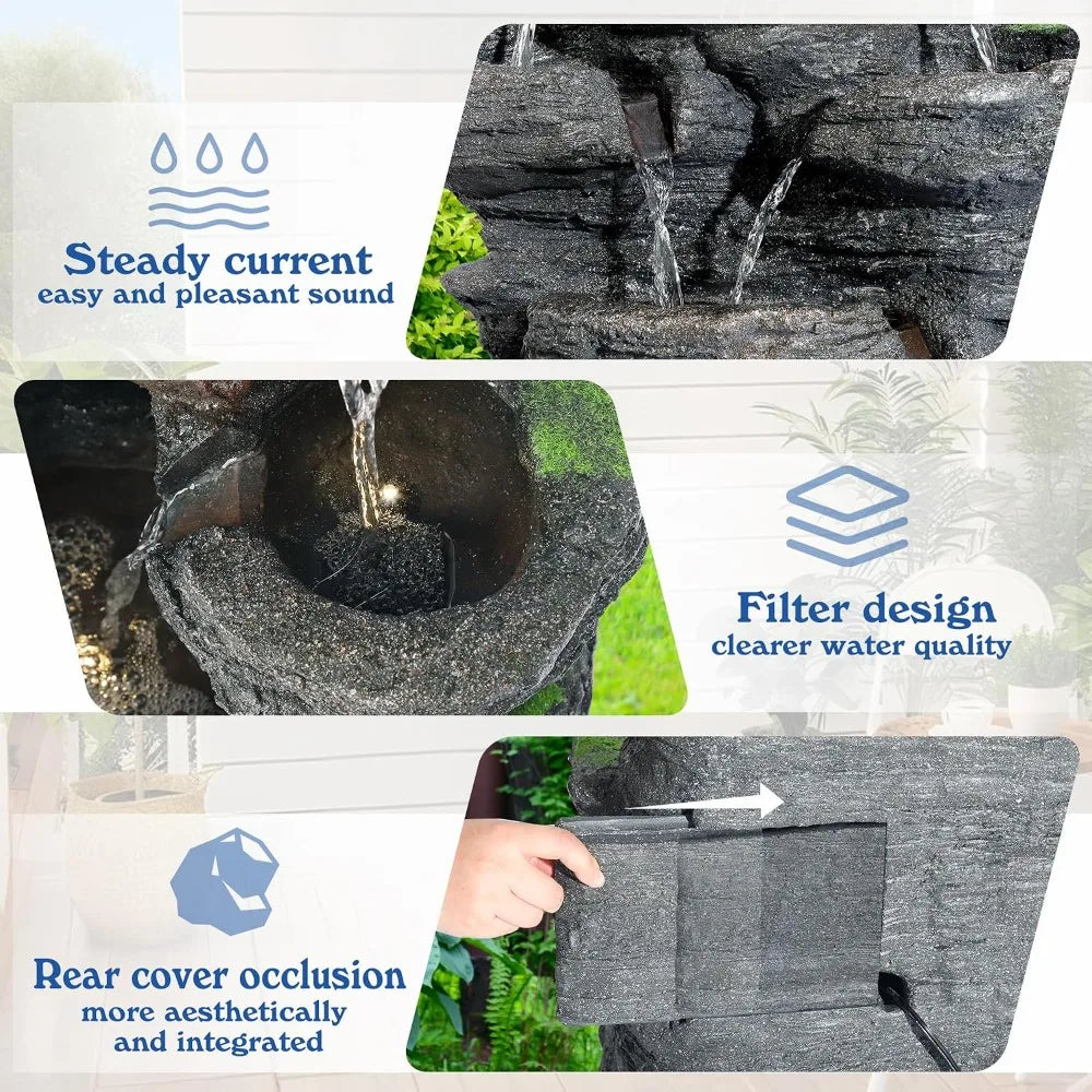 Cascading Rock Waterfall Fountain With LED Lights For Outdoor Gardens