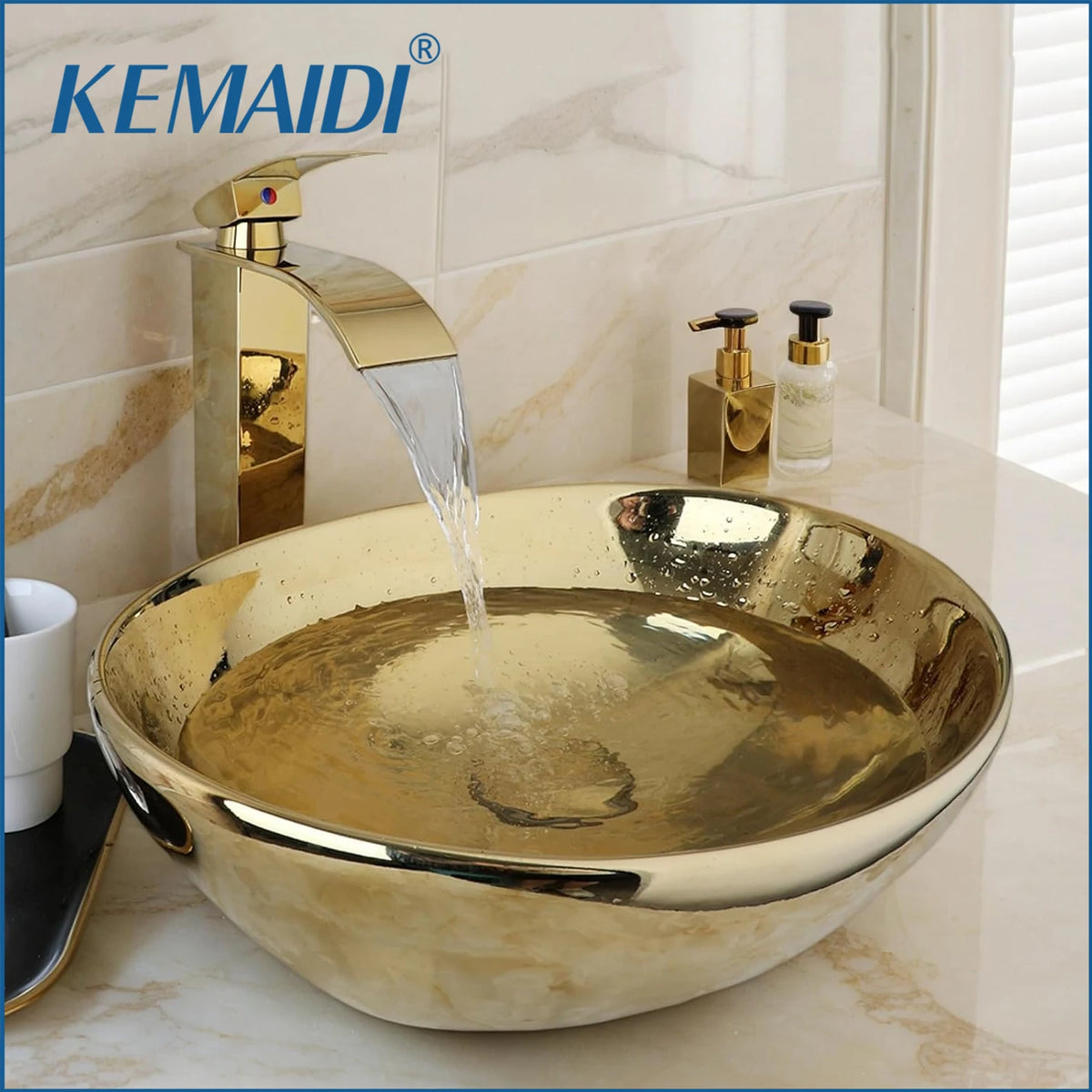 KEMAIDI Ceramic Vessel Sink Bathroom Vanity Basin With Faucet