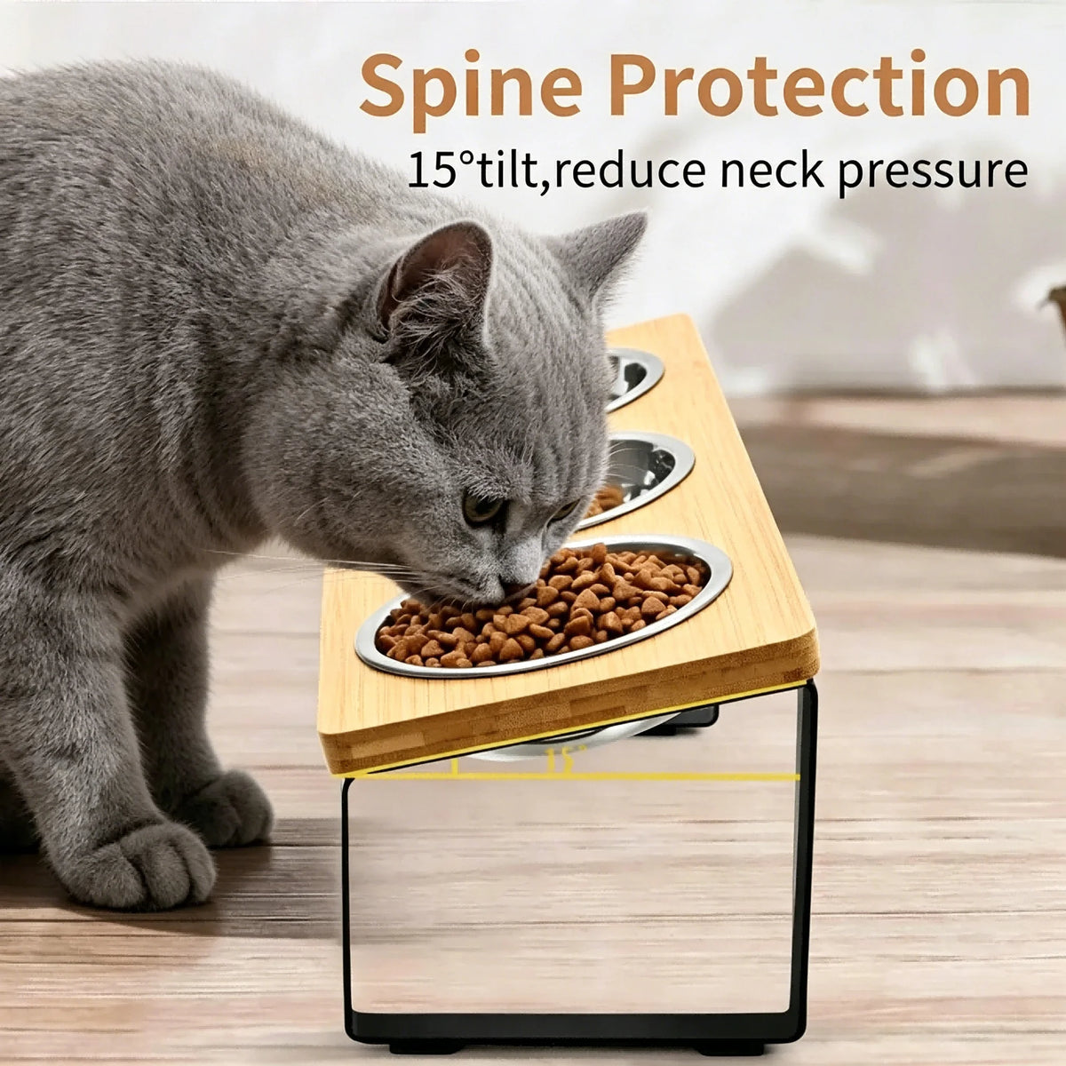 Elevated Cat Feeder With Tilted Stainless Steel Bowls And Mat