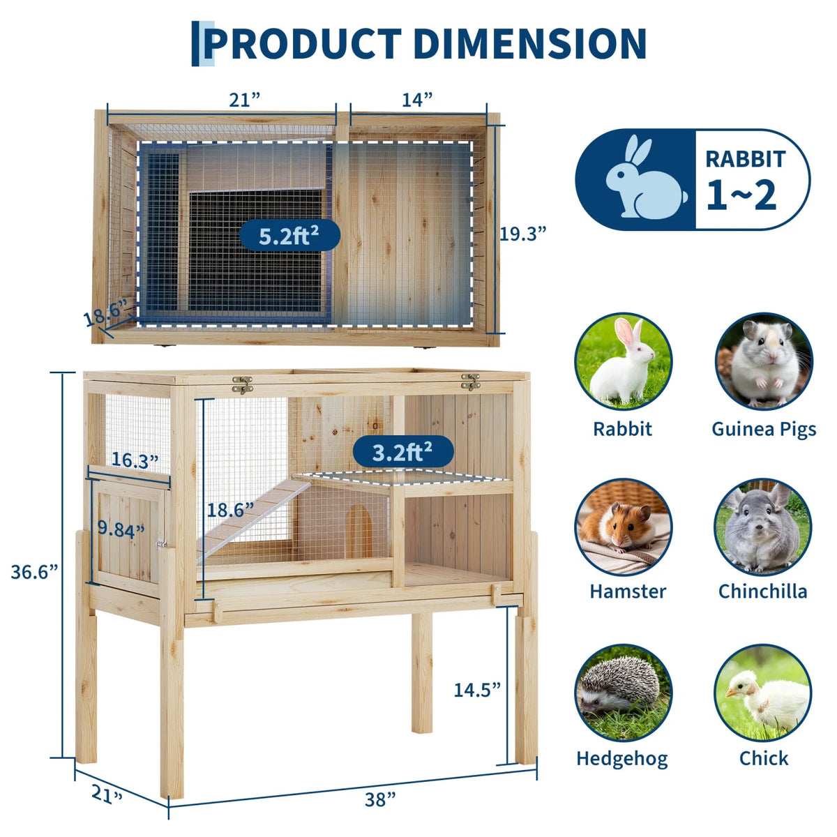 Wooden Guinea Pig Cage Indoor with Stand, 38" 2-Story Rabbit Hutch w/Ramp & Hideout, Clear Vision, Leak-Proof Pull-Out Tray, Lockable Door, Bunny Hamster Habitat