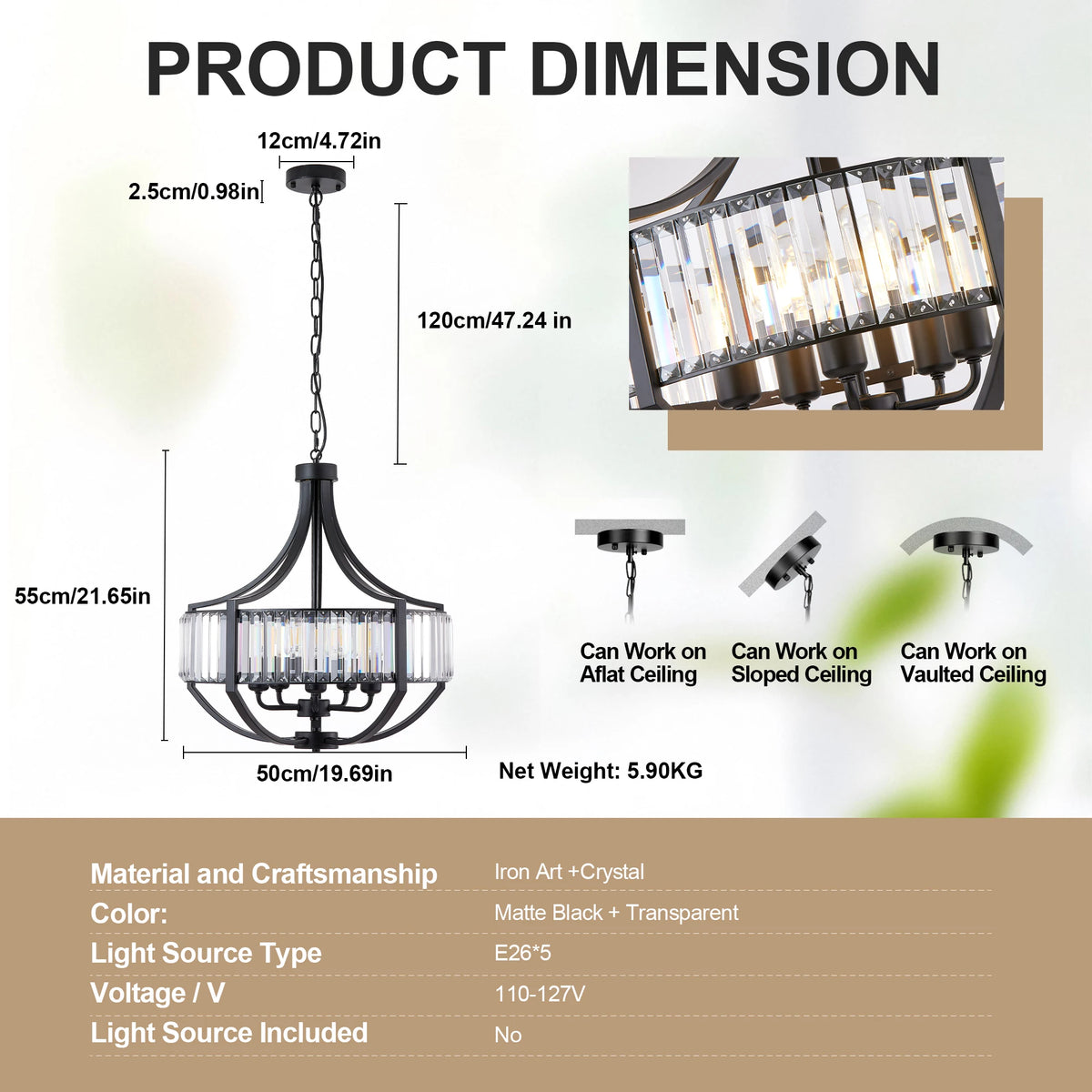 ARLGSITE 20'' Pendant 5 Light LED Crystal Chandelier Black Kitchen Living Room Fixture