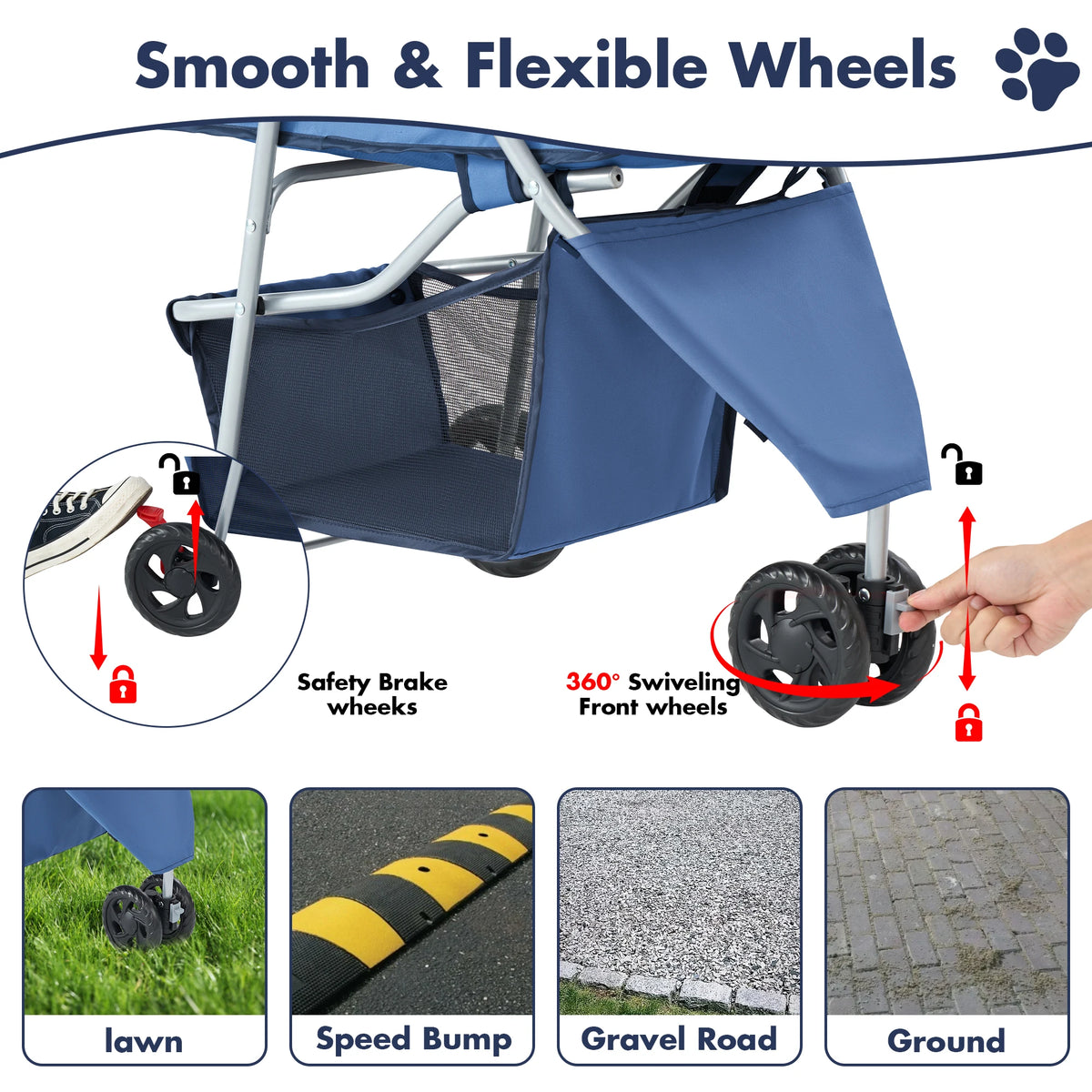 DUMOS 3 Wheel Foldable Pet Stroller With Mesh Windows and Storage