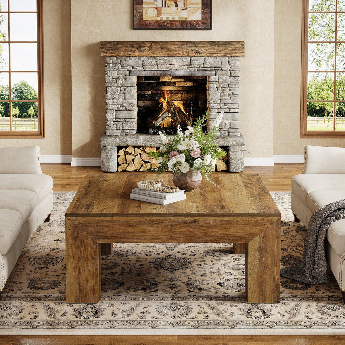 Tribesigns Farmhouse Square Coffee Table Wooden Legs For Living Room