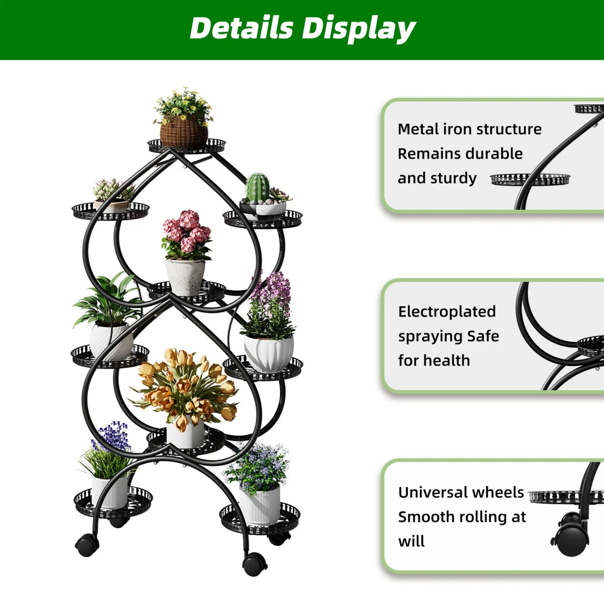 Metal Plant Stand With Wheels And Tiered Display Rack