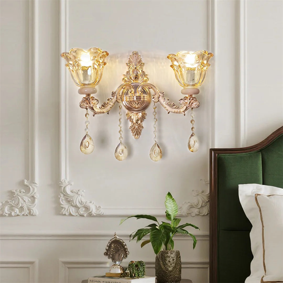 Antique Gold Floral Wall Sconce with Clear Crystals Lampshade Wall Lighting for Entrance Bedroom Hallway Decor