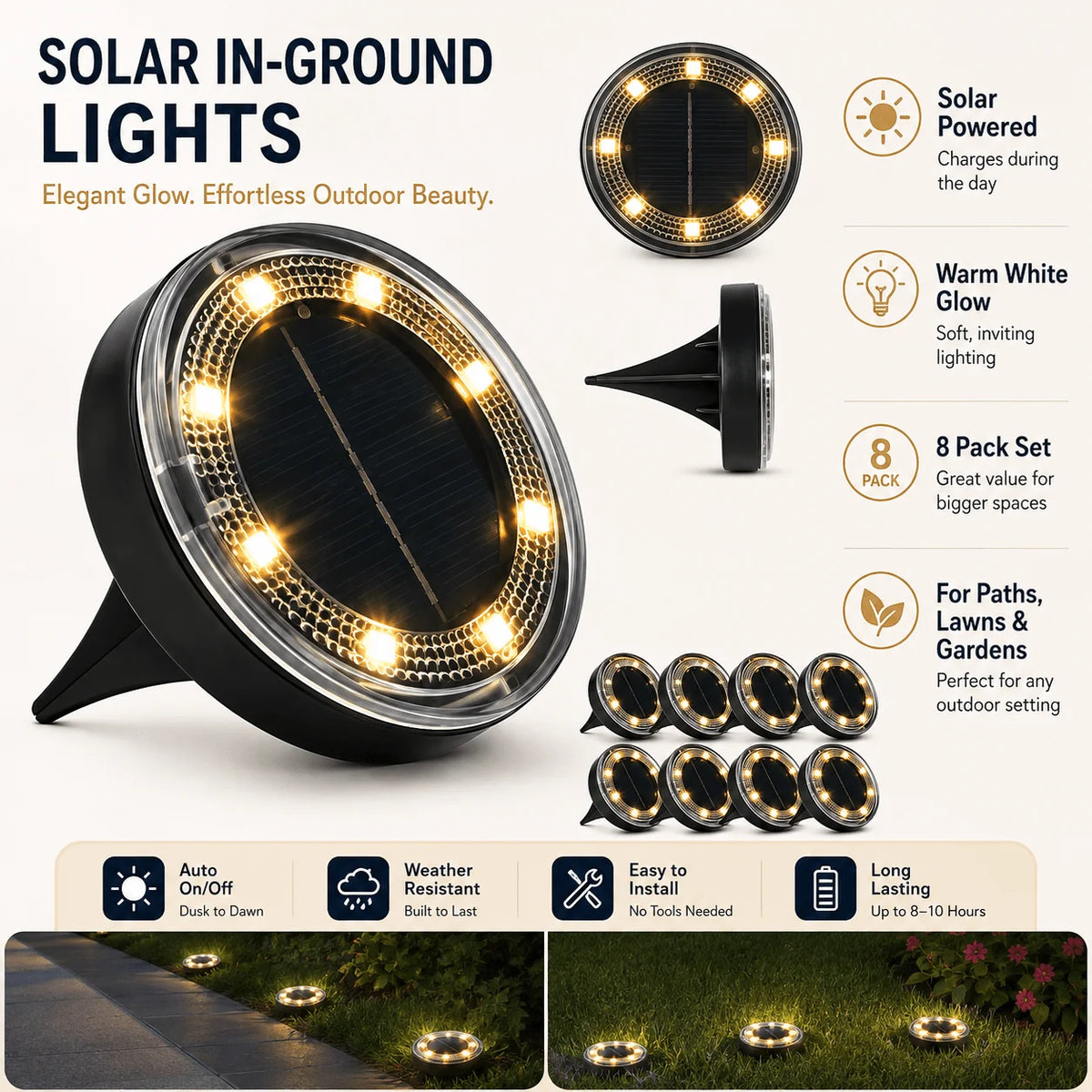 Solar Ground Lights White LED Pathway Garden Landscape Lighting