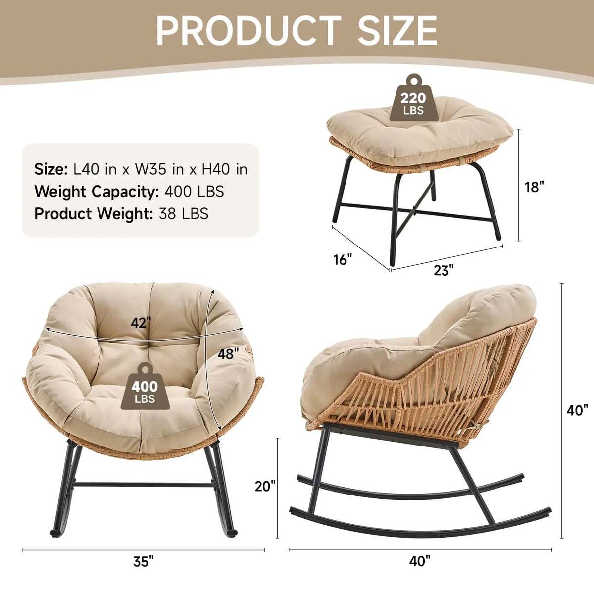 ONBRILL Papasan Rocking Chair With Ottoman Wicker Outdoor Lounge