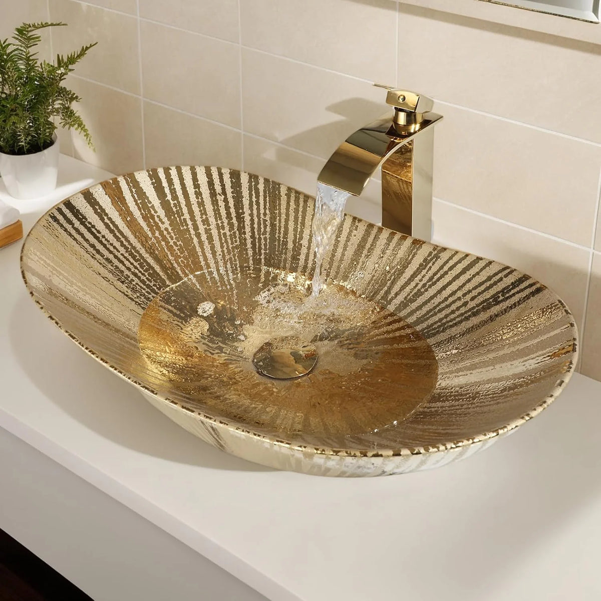 MEKKHALA Oval Ceramic Bathroom Vessel Sink Faucet And Drain Set