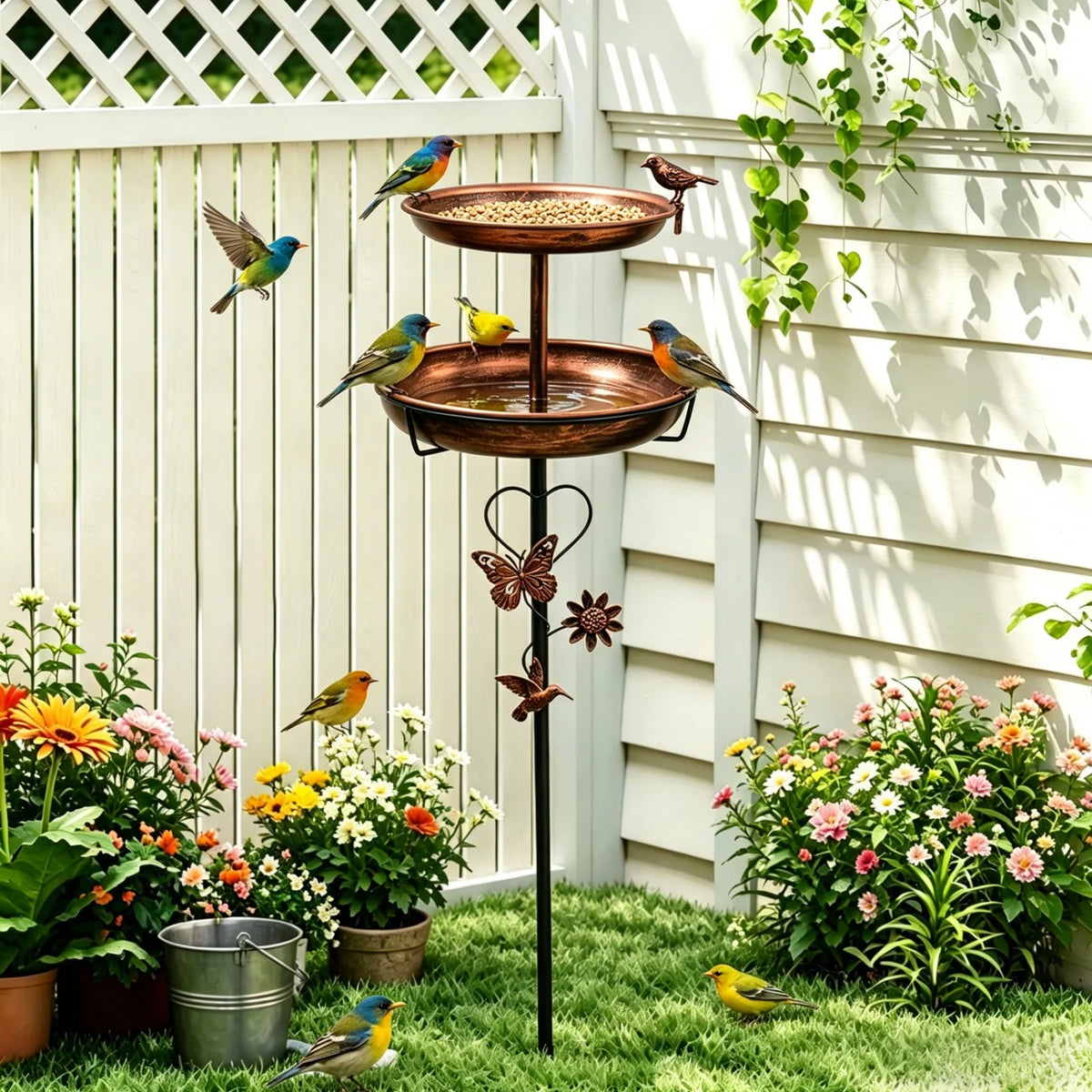 Two Tier Metal Bird Bath Feeder For Garden Patio Decor