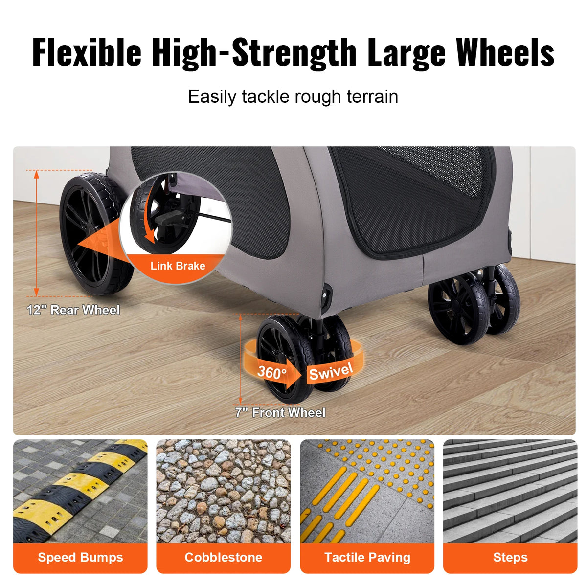 SucceBuy Pet Stroller 4 Wheels Dog Stroller with Brakes, 160lbs Weight Capacity Adjustable Height Animal Stroller for Cats &Dogs