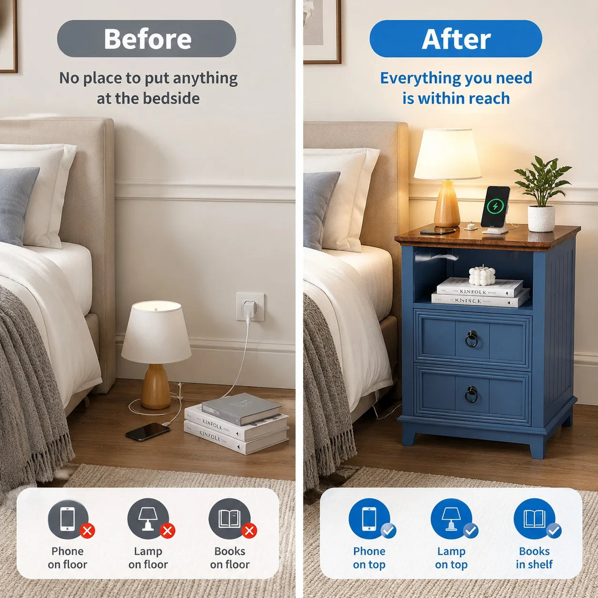 ANIXOL Modern Fluted Wood Nightstand Featuring Integrated USB Charging