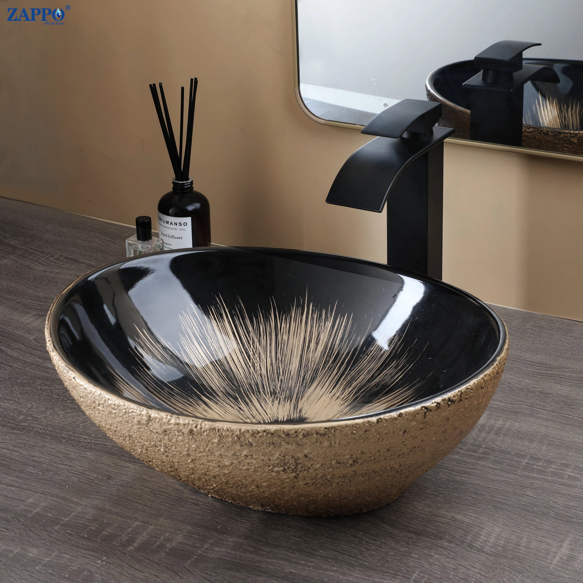 MEKKHALA Ceramic Vessel Sink Set With Waterfall Faucet
