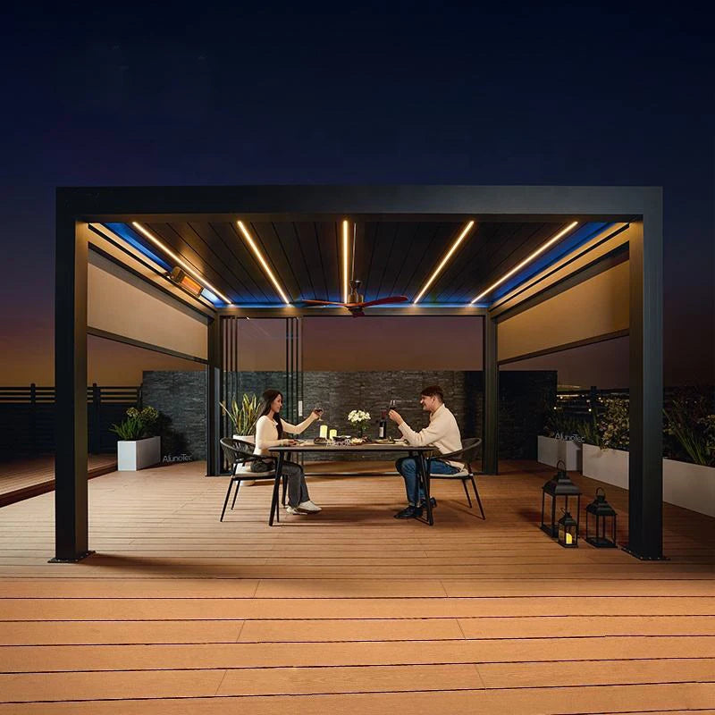 Motorized Aluminum Pergola With Glass Sliding Doors And LED Lights