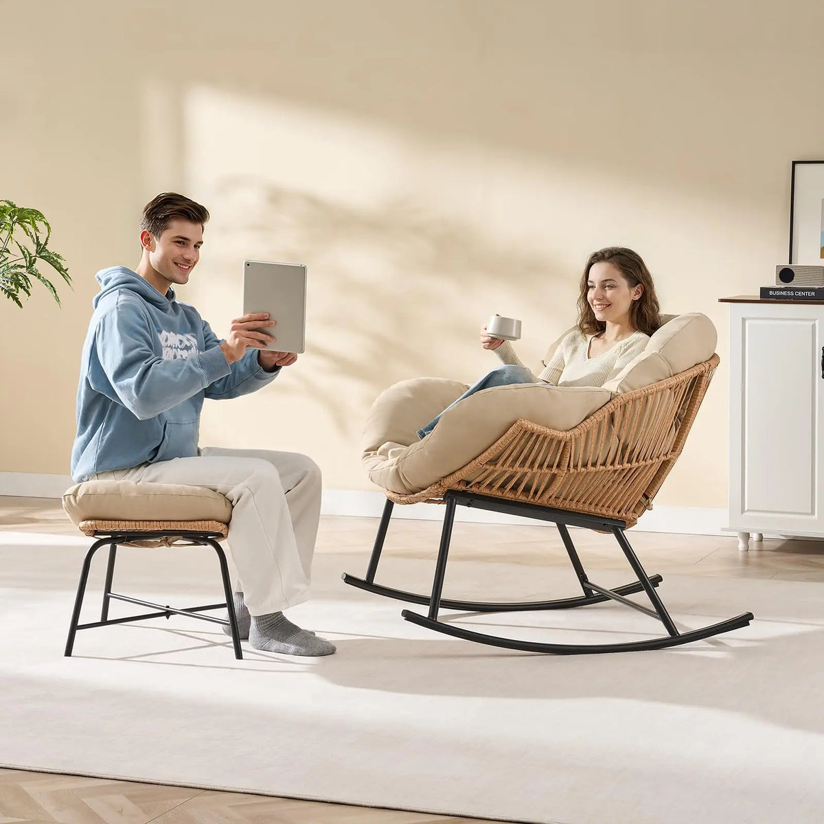 ONBRILL Papasan Rocking Chair With Ottoman Wicker Outdoor Lounge