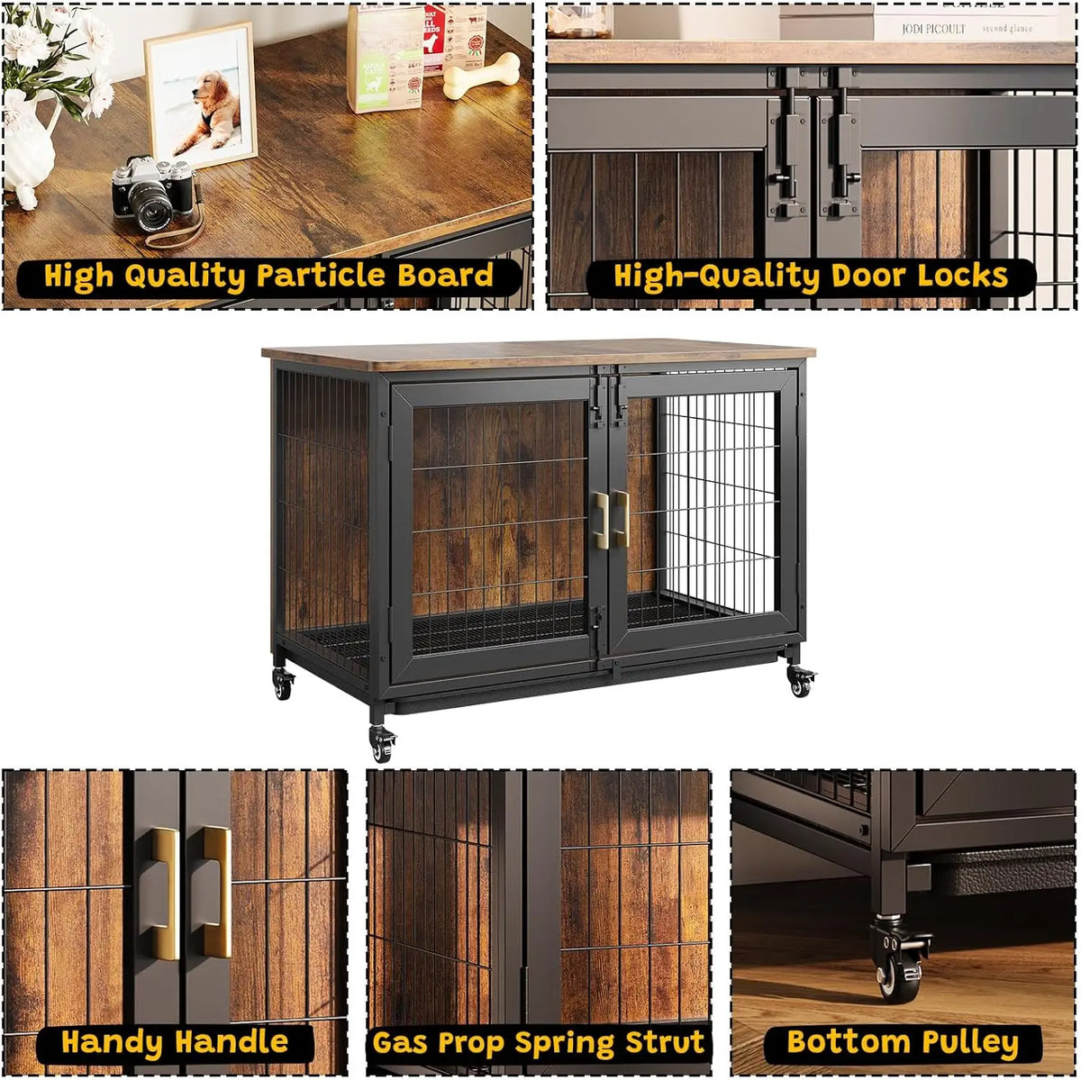 37.5 Inch Wooden Dog Crate Furniture with Wheels, Heavy Duty Steel Frame & Removable Tray, Rustic End Table for Medium Dogs up to 66 LBS, Lockable Casters for Easy Move