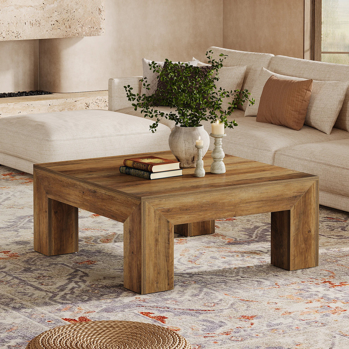 Tribesigns Farmhouse Square Coffee Table Wooden Legs For Living Room