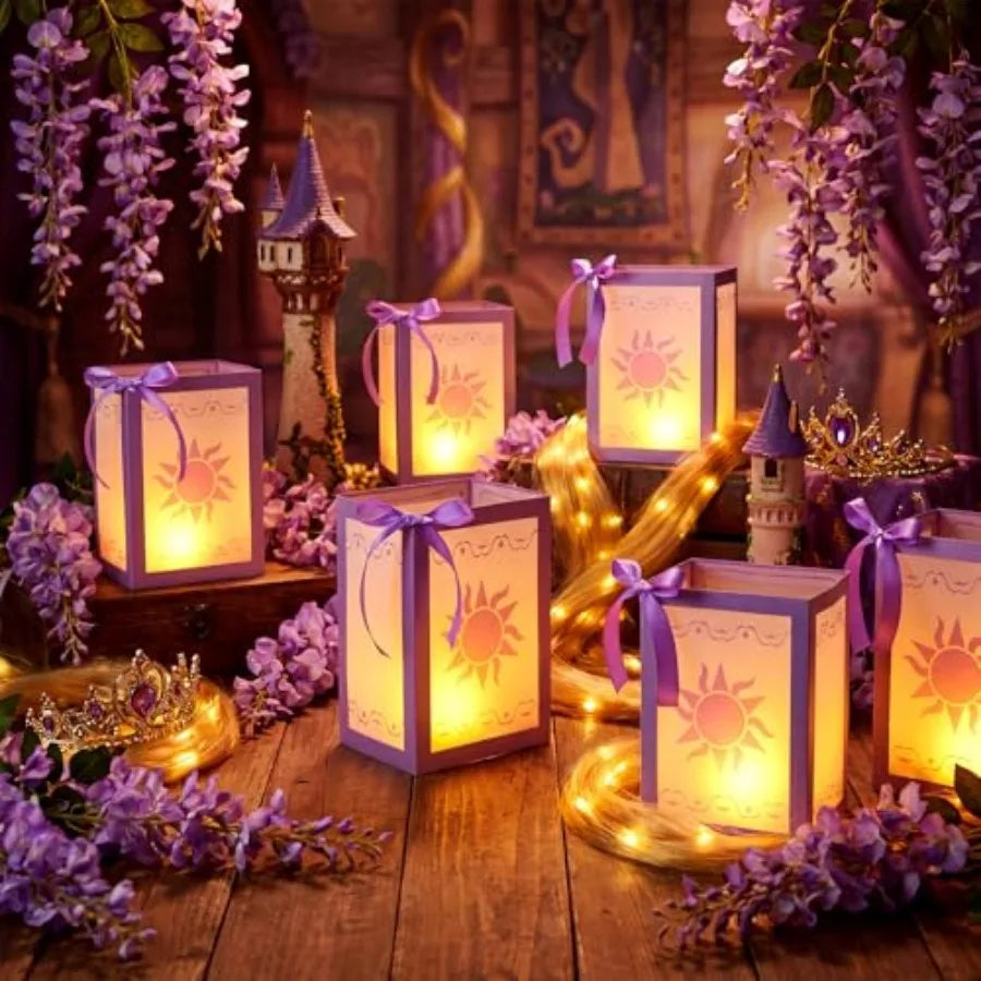 12 Set Sun Paper Lanterns with LED Candles for Centerpieces Princess Birthday Decorations Sun Lantern Decor with Purple Ribbon