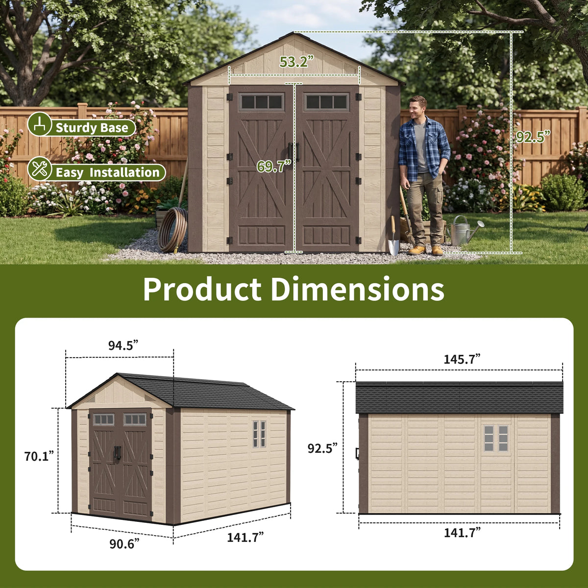 VIWAT Outdoor Resin Storage Shed With Lockable Door And Windows