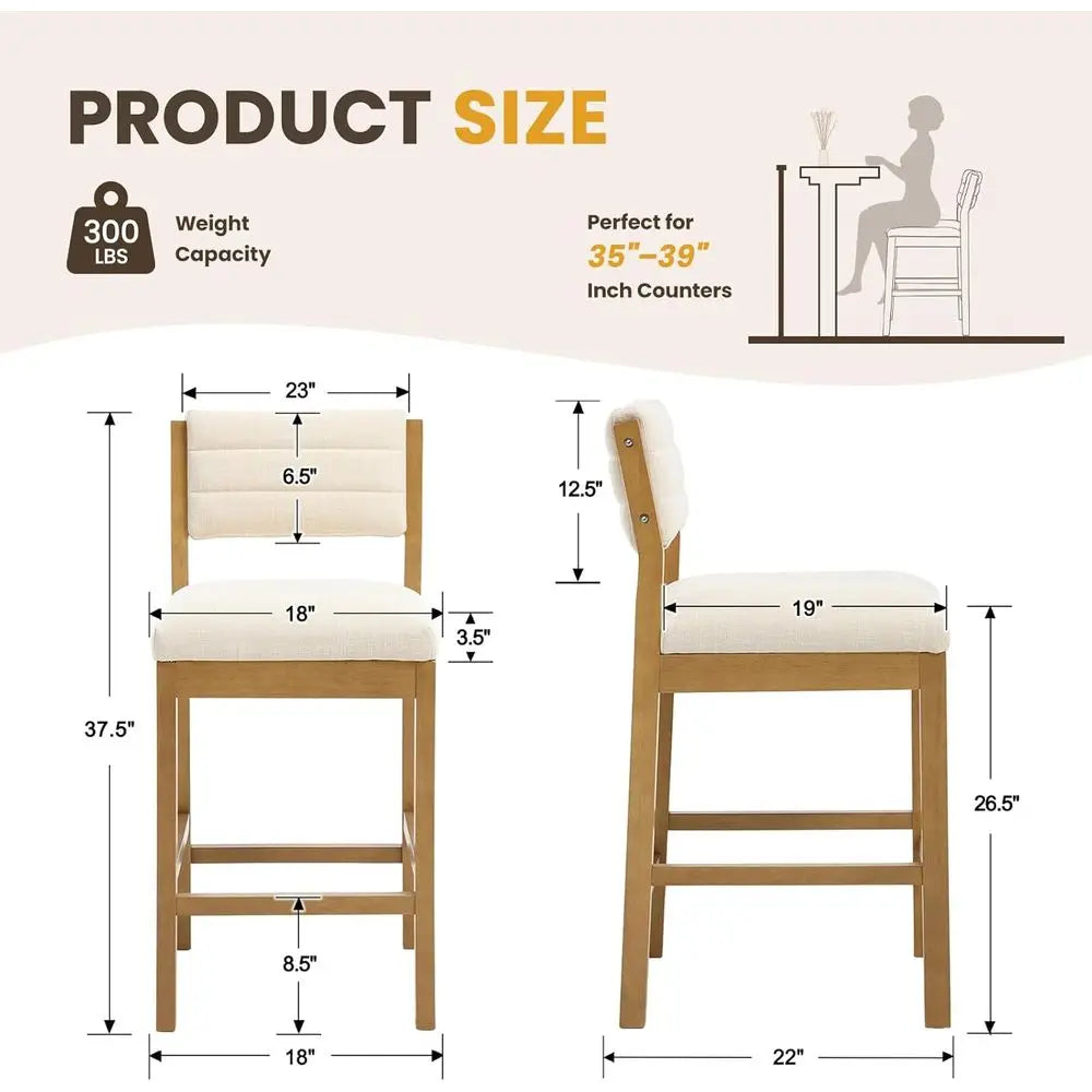 Upholstered Linen Counter Bar Stools With Wooden Legs