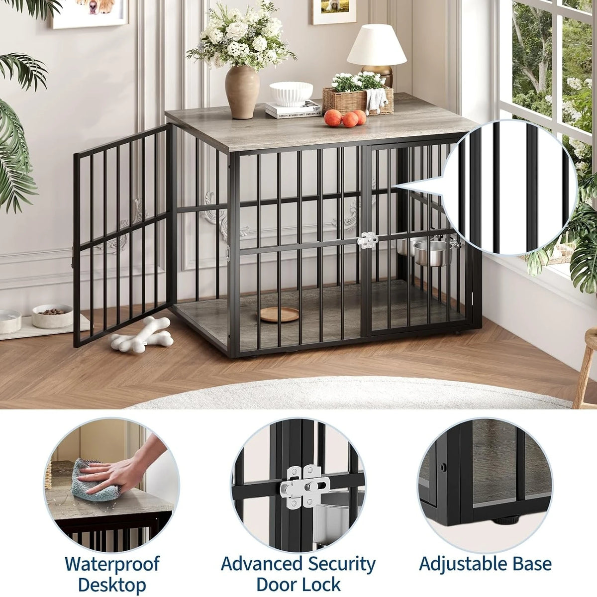 ANIXOL Wooden Dog Crate Furniture With Lockable Double Doors