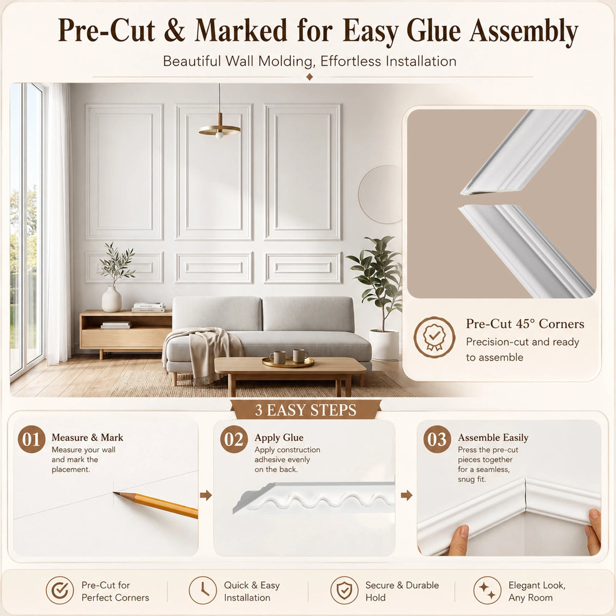 Pre Cut Wainscoting Wall Molding Kit With PU Trim Panels