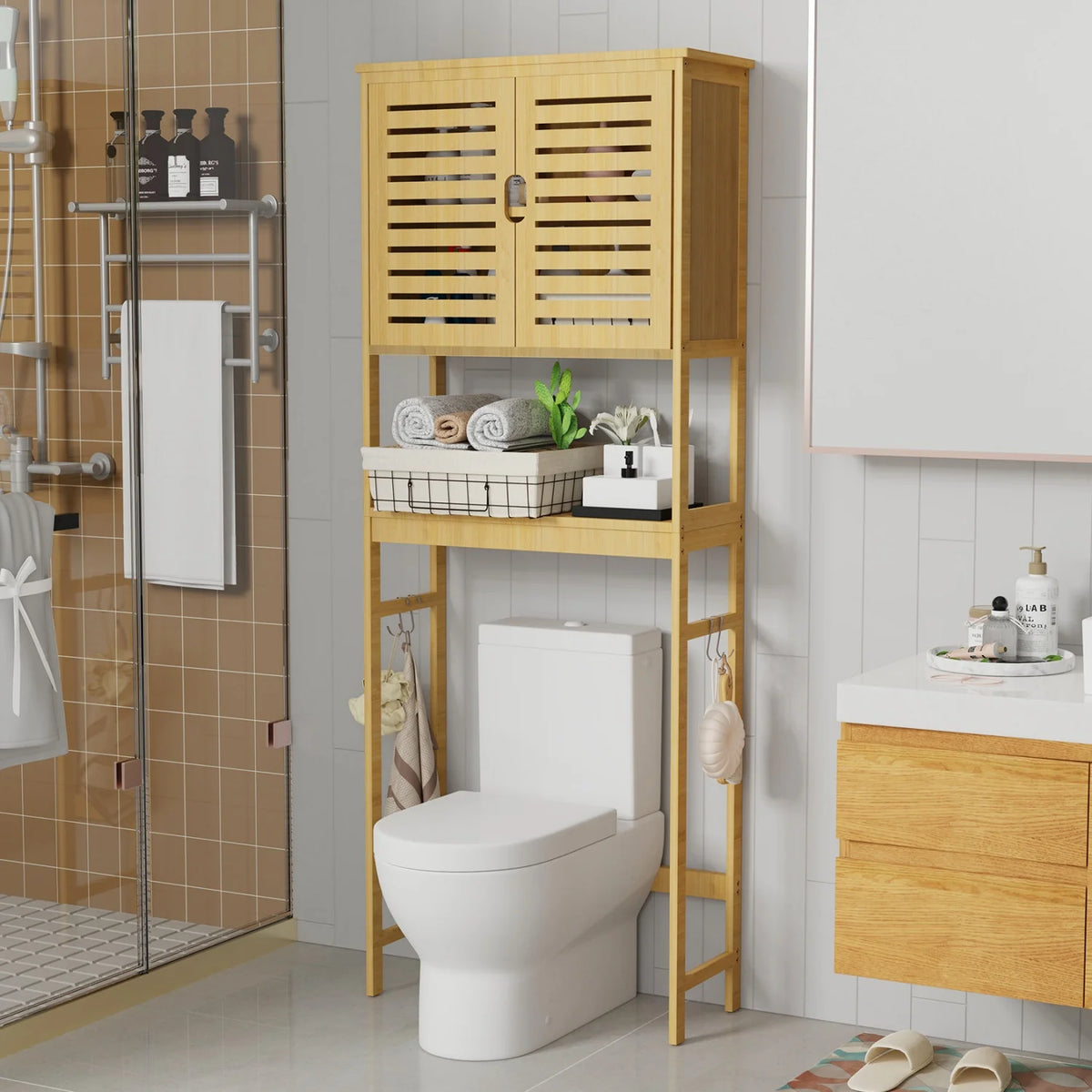 Natural Bamboo Over Toilet Storage Rack With Three Tier Shelves