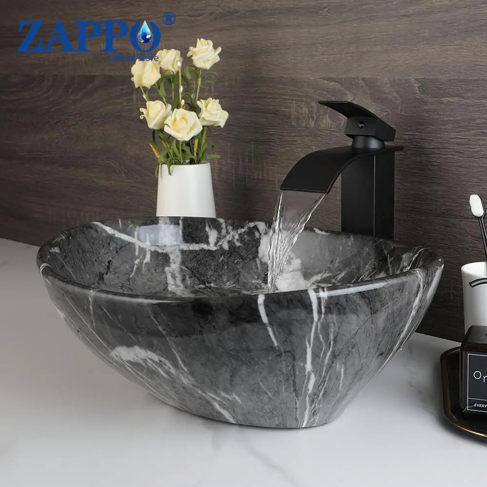 MEKKHALA Ceramic Vessel Sink Set With Waterfall Faucet