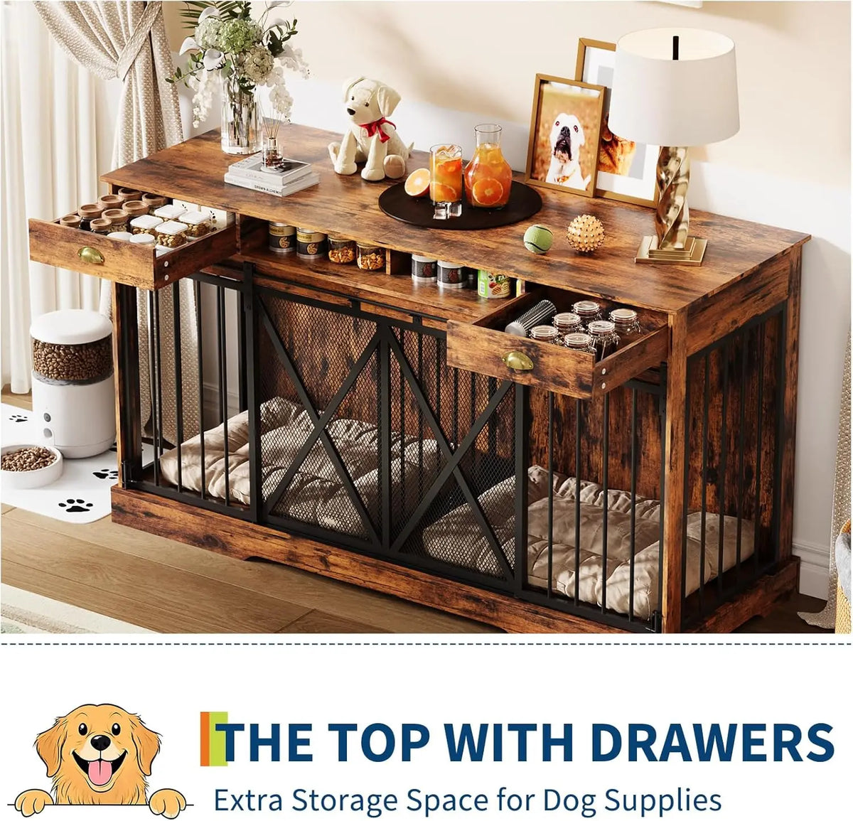 63 in Extra Large Double Dog Crate with Removable Divider, Heavy Duty Dog Kennel Furniture with 2 Drawers, Decorative TV Stand