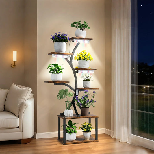Tree Shaped Metal Plant Stand With Wooden Display Shelves