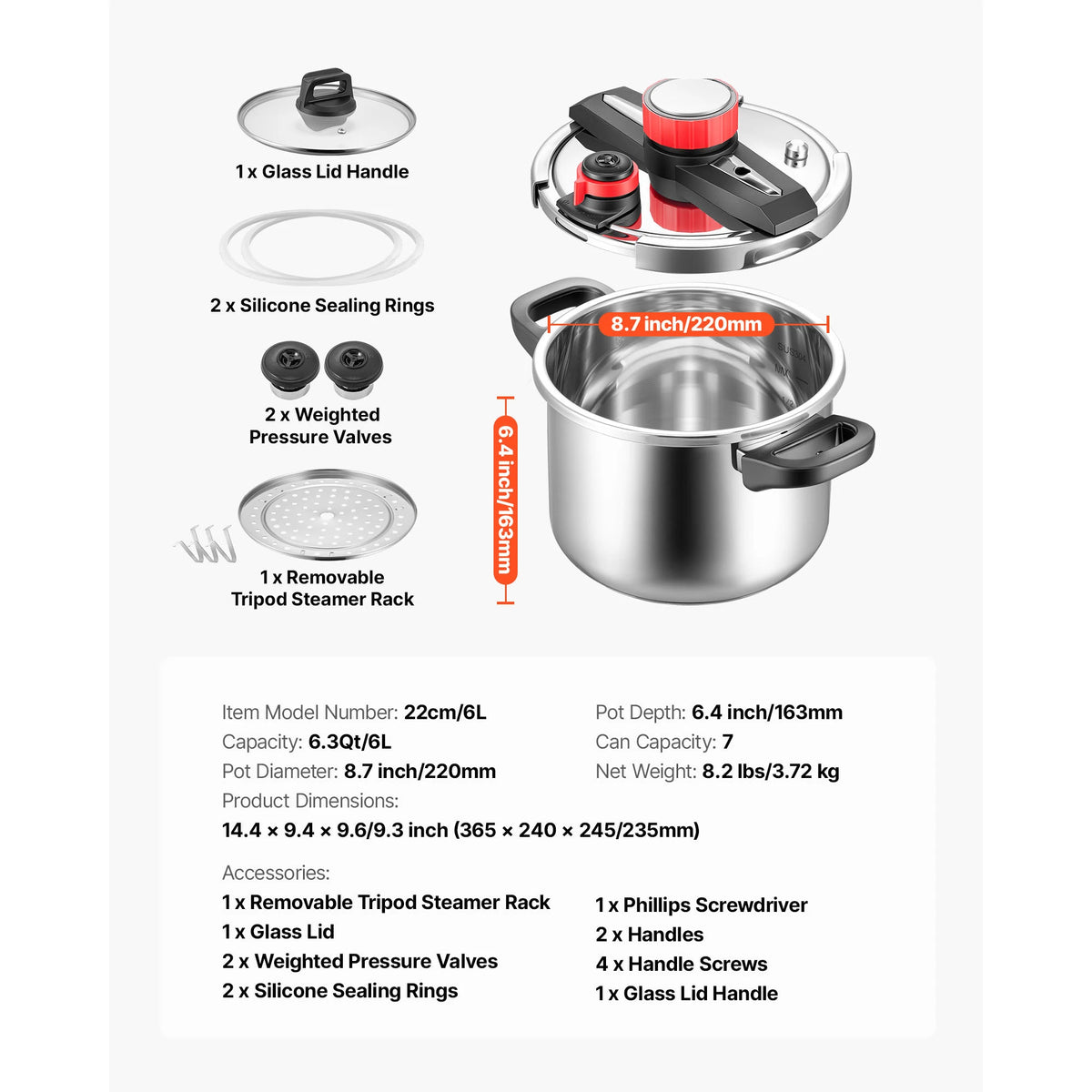 SucceBuy Stainless Steel Pressure Cooker Tempered Glass Lid Steaming Rack