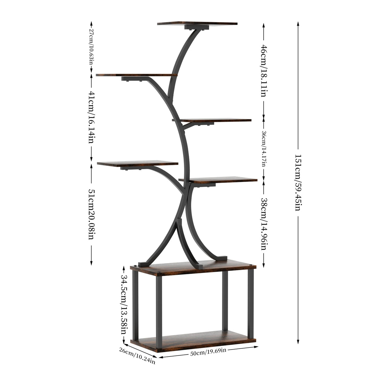 Tree Shaped Metal Plant Stand With Wooden Display Shelves