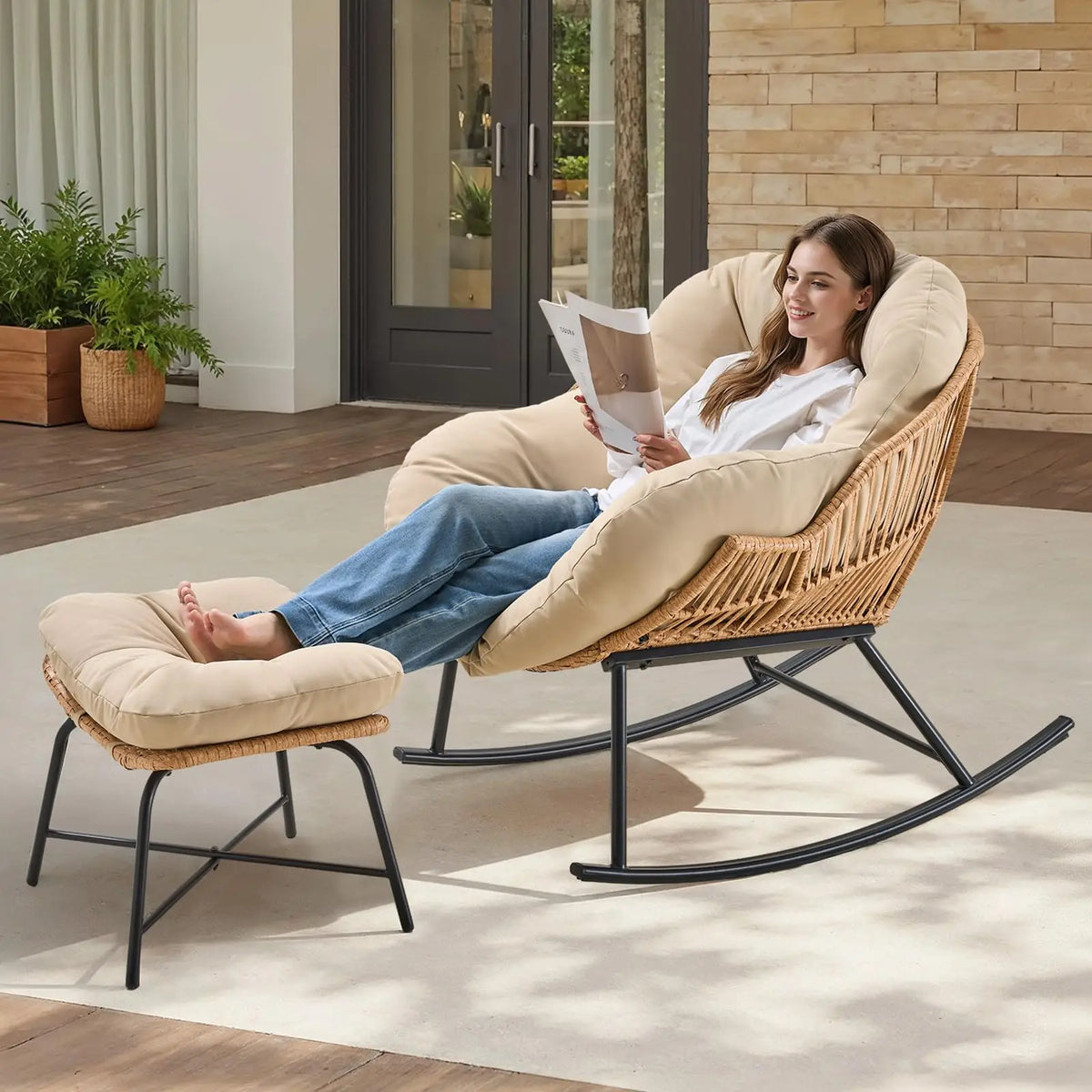 ONBRILL Papasan Rocking Chair With Ottoman Wicker Outdoor Lounge
