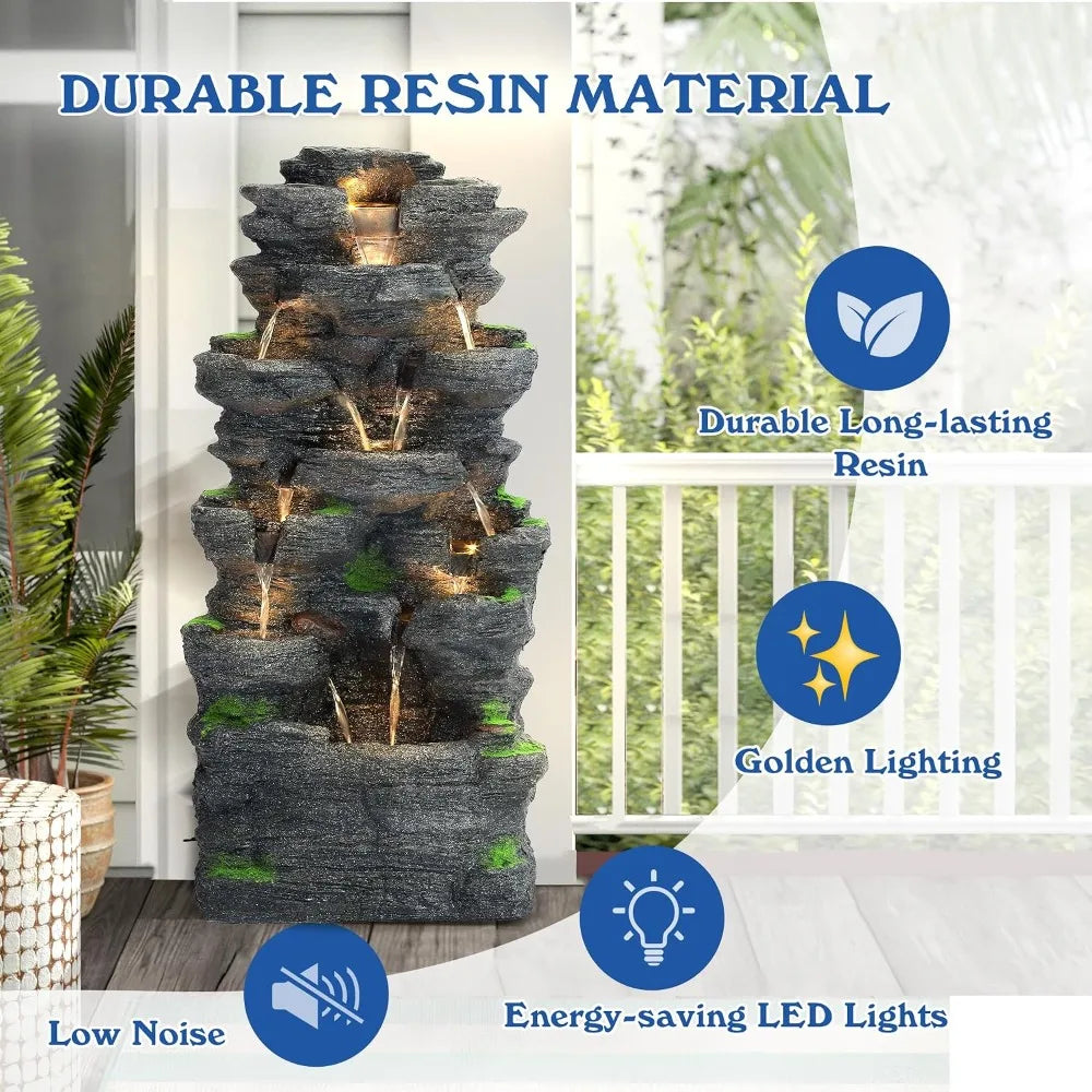 Cascading Rock Waterfall Fountain With LED Lights For Outdoor Gardens