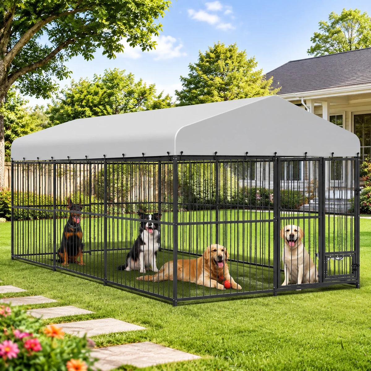 Super Large Outdoor Dog Kennel 20FT Heavy Duty Metal Dog Run Enclosure Walk In Dog Cage with Iron Alloy Frame Secure Gate Feed Access Modular Panels A Frame Top Pet Pen for Dogs Chickens Ducks Geese Backyard Garden Farm
