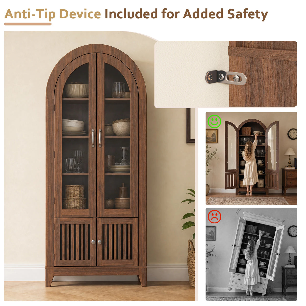 Tcgbkaf Modern Farmhouse Arched Wood Display Cabinet With Glass Doors