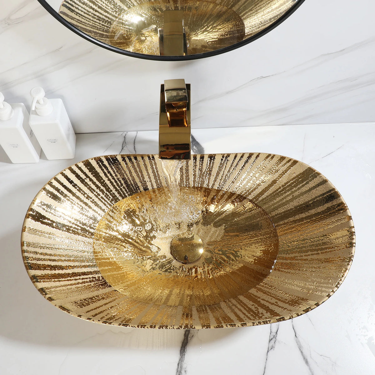 MEKKHALA Oval Ceramic Bathroom Vessel Sink Faucet And Drain Set
